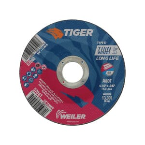 Tiger® 57041 Long Life Performance Line Thin Depressed Center Cutting Wheel, 4-1/2 in Dia x 0.045 in THK, 7/8 in Center Hole, 60 Grit, Premium Aluminum Oxide Abrasive